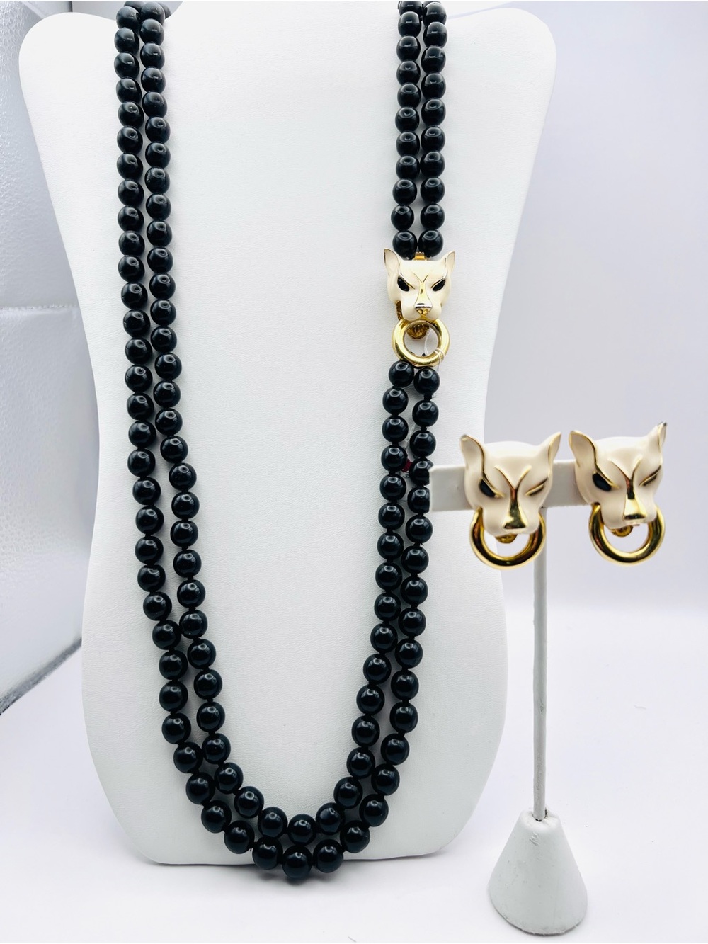 Black Bead Necklace with Gold Panther-Head Accents